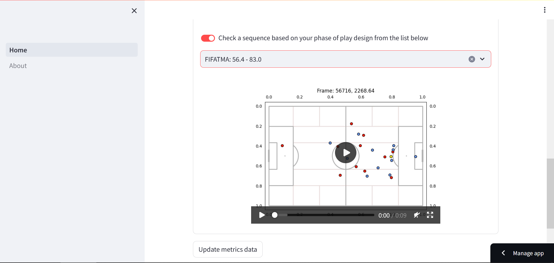 "Screenshot of video player for tracking data clips in a Streamlit app; above is a dropdown menu titled 'Check a sequence based on your phase of play design from the list below'"